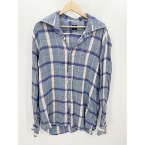 ReFerdinando Shirt Men XXL Blue Purple Plaid Long Sleeve Button Front Linen
